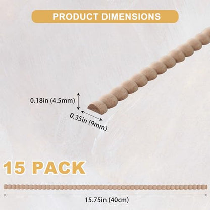 Soengsau 15-Pack 15.75" Unfinished Wood Beaded Trim - Easy to Paint, Cute Decorative Molding DIY Craft for Furniture Frame, Mirror Edge, Wall, Door, Closet, Dresser, Shelf - size: 0.35“ (9mm)