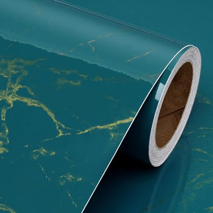 Livelynine 15.8x394 Marble Wallpaper Peel and Stick Contact Paper for Countertops Waterproof Renter Friendly Countertop Vinyl Wrap Gold and Teal Green Marble Countertop Self Adhesive Covering Kitchen - size: 15.8" x 394"