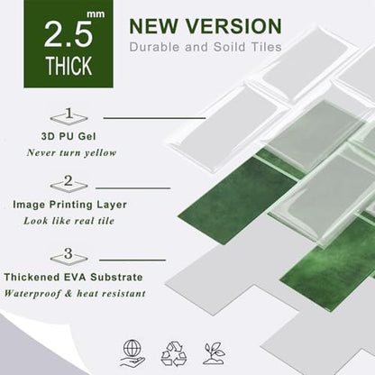 STICKGOO 10-Sheet Subway Tile Peel and Stick Backsplash, Self Adhesive Vinyl Wall Tiles, Stick on Backsplash for Kitchen and Bathroom(Thicker Design) - color: Green With Green Grout