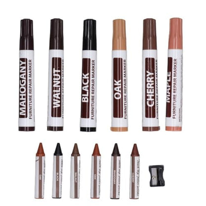 Repair Touch Up Kit,13Pcs Wood Scratch Restoration Set with 6 Touch Up Markers 6 Repair Crayons and Sharpener for Wooden Floors Doors and Furniture