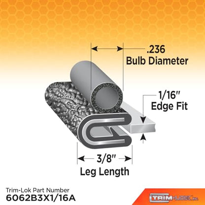 TRIM-LOK Trim Seal, Edge Trim with Side Bulb, Fits 0.625-Inch Bulb, 1/16-Inch Edge, 3/8-Inch Leg, 25-Foot Length, Black Pebble Finish, Flexible PVC Plastic Trim with EPDM Rubber Weather Stripping - style: 0.625" Bulb, 1/16" Edge, 3/8" Leg, 25 Feet