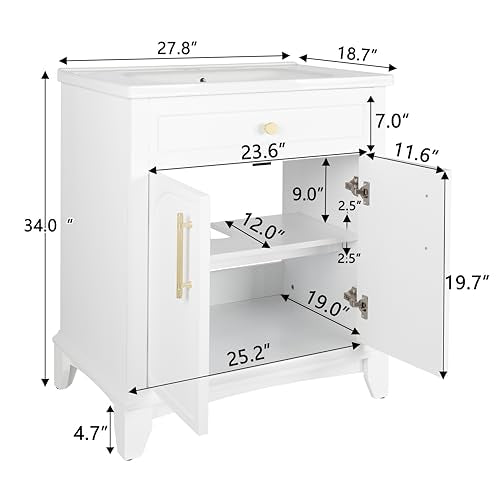 Bathroom Vanity Cabinet with Sink, White, 27.8 x 18.7 x 34 in