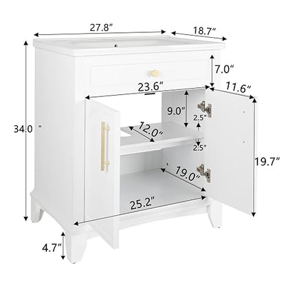 Bathroom Vanity Cabinet with Sink, White, 27.8 x 18.7 x 34 in