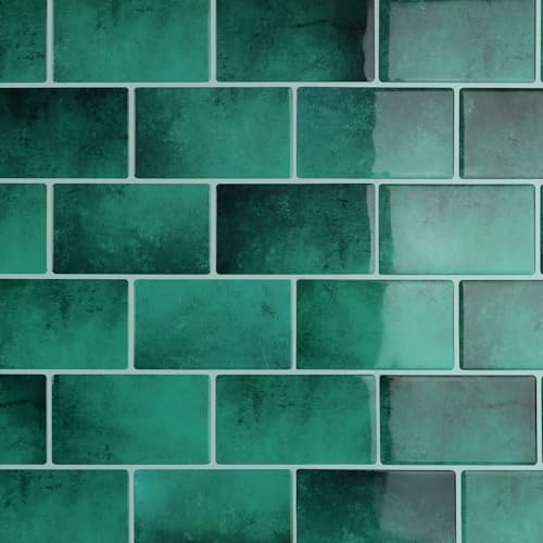 CRE8TIVE 4 Sheets Green Subway Tile Peel and Stick Backsplash for Kitchen Wall 12"x12" 3D Stone Wall Tiles Adhesive Stick on Backsplash Peel and Stick Shower Tile Waterproof for Bathroom Laundry Room - size: 12"x12" (4-Sheets)