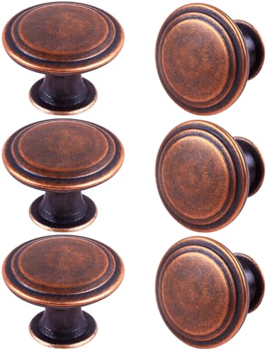 Pack of 6 Flat Round Shape Drawer Pulls Red Antique Brass Furniture Cupboard Zinc Alloy Dresser Knobs Door Window Pull Handles Cabinet Hardware for Closet Wardrobe Pulls with Screws - color: Red