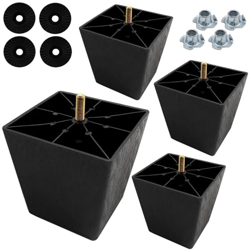 4 Inch Plastic Furniture Legs, Square, Black, 4Pcs - size: 4 Inch