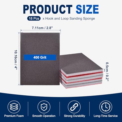18Pcs 400Grit Sanding Sponges, 4x2.8In Hook & Loop Black - size: 400 Grit