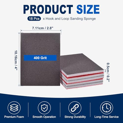 18Pcs 400Grit Sanding Sponges, 4x2.8In Hook & Loop Black - size: 400 Grit
