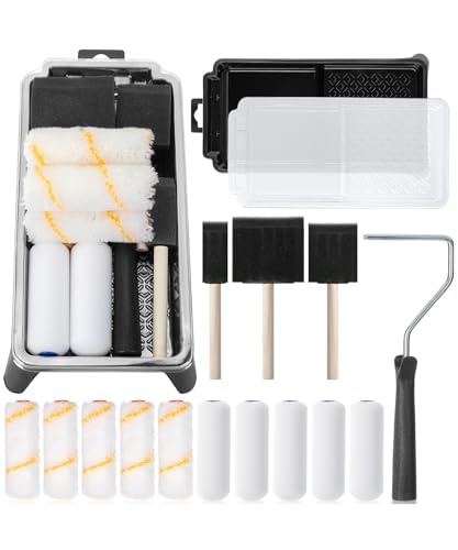 Bates- 4 Inch Paint Roller Set, 18 pcs, 1x Plastic Paint Tray, 3X Disposable Tray Liners, 1x Roller Frame, 5X Foam Covers, 5X Microfiber Covers, 3X Foam Brushes (1", 2", 3") - size: 2 x 0.1 x 1 inches