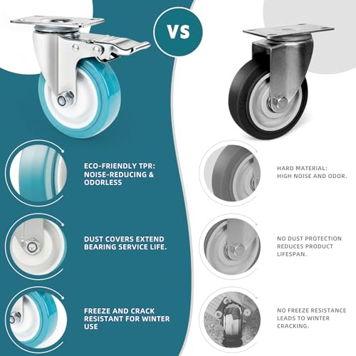 4 Inch Caster Wheels Heavy Duty with Dual-Lock Safety Brake and Rubber Tire Wheels, Heavy Duty - 600 Lbs Per Caster for Workbench, Trolley, Cabinet, TPR Silent Caster 4-Packs with mounting Hardware - size: 4 Inch 4 pack