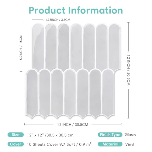 Commomy Thicker White Peel and Stick Tiles Backsplash 10 pcs of 12" x 12" - color: Glossy Gray & Thicker Design
