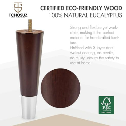 7 Inch / 18 cm Wood Furniture Legs with Silver Caps, Set of 4 Mid-Century Modern Solid Wood Round Replacement Feets with Hanger Bolt for Home DIY Cabinet Cupboard Ottoman with Cover