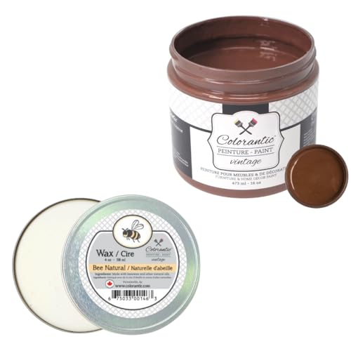 Colorantic-Bundle Dark Brown Chalk Paint (Sweet Truffle,16 Oz) and Clear Wax (4 Oz)