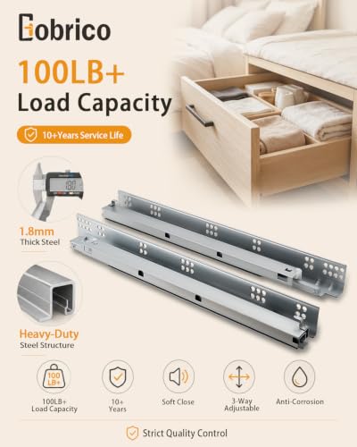 10 Pairs Gobrico Soft Close Under Mounting Drawer Slides 21", Full Extension Concealed Drawer Glides with Locking Device, Rear/Bottom Mounted Cabinet Drawer Runners, Bulk Pack - size: 21-Inch