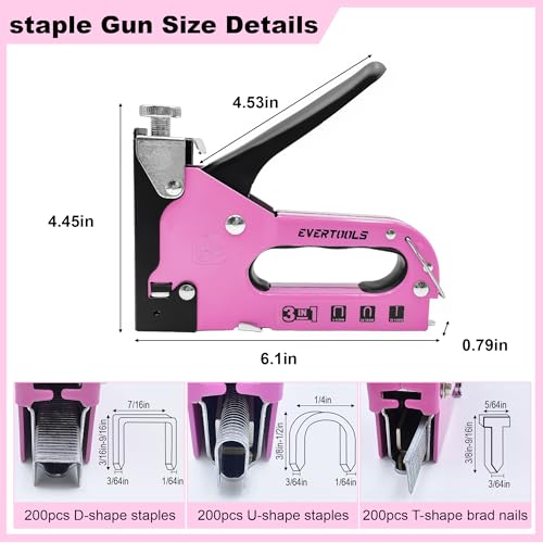3-in-1 Pink Staple Gun, Manual Upholstery Staple Gun with 600 Staples for Crafts, Fabric, Furniture Repair, Wood & DIY