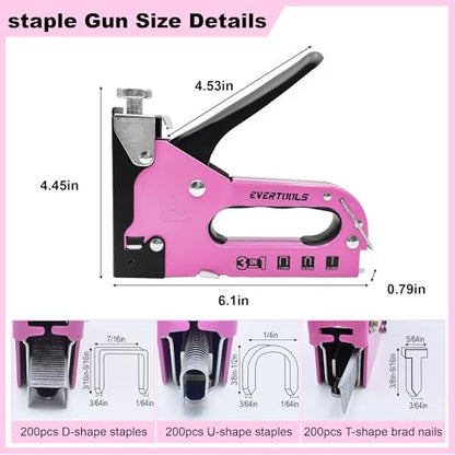 3-in-1 Pink Staple Gun, Manual Upholstery Staple Gun with 600 Staples for Crafts, Fabric, Furniture Repair, Wood & DIY