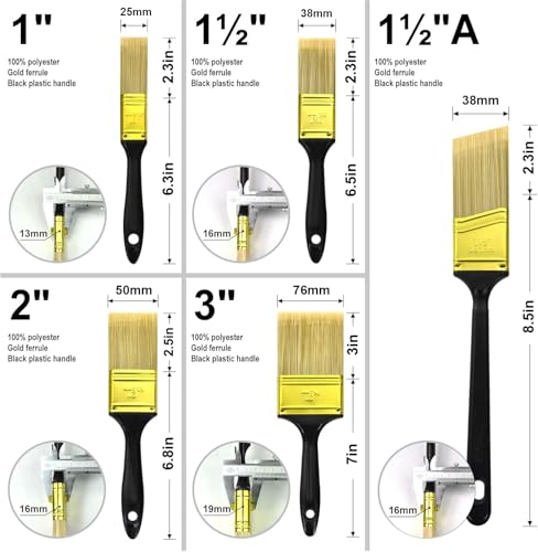 Great Andrew Paint Brushes, 5 Pack 1" 1.5" 2" 3" Flat 1.5" Angled - size: 5 PCS, 1",1.5",2",3"&1.5"A