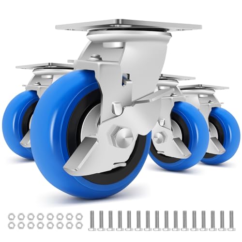 W B D WEIBIDA 5 Inch Heavy Duty Casters Set of 4, Smooth Rolling Caster Design for Cart Wheels, 3500 LBS Industrial Grade Castors with Upgraded Thickened Bracket, Durable Castors (4 Brake) - size: 5 IN (4 Brakes)
