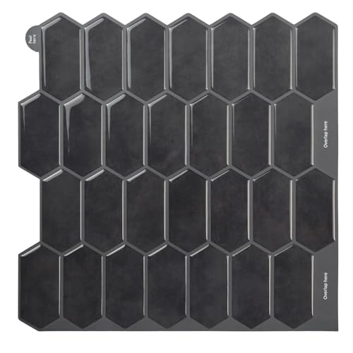 Alwayspon 10 Sheets 12" x12inch Black 3D Vinyl Backsplash Tiles, Self-Adhesive Peel and Stick Wall Tile Stickers Stick on Subway Tiles for Kitchen Bathroom Wall - color: Black