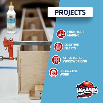 Kraken Bond D2 White Super Wood Glue - (2x13.5 fl.oz) PVA Heavy Duty Wood Glue for Repair, Woodworking, Furniture Assembly & Creative Crafts - Clear Drying Water Based Carpenter Glue - 2 Pack - size: 2 Pack, style: D2 PVA Wood Glue