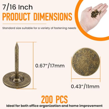 200Pcs 7/16 Inch Upholstery Thumb Tacks for Wall | Industrial Rustic Bronze Pushpins | Long Shank Tacks | for Fastening Carpet, Wooden Doors, Headboards
