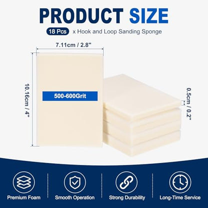 18Pcs 500-600Grit Sanding Sponges, 4x2.8In Hook & Loop White - size: 500-600 Grit