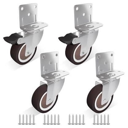 2 Inch Side Mount Casters 4-Pack with 2 Swivel & 2 Brake, L-Shape Plate for Furniture, Cabinets, Coffee Tables, Plant Stands, Smooth Rolling Quiet Light Duty Rubber Wheels