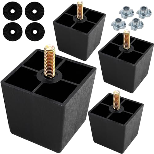 2 Inch Plastic Furniture Legs, Square, Black, 4Pcs - size: 2 Inch