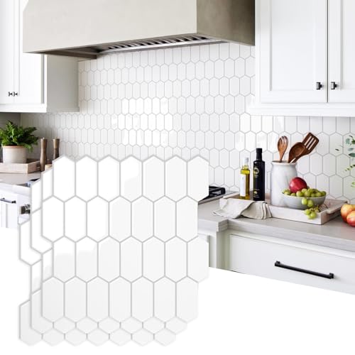 Vamos Tile Thicker Design Long Hexagon Peel and Stick Backsplash Tile - color: Pure White with Gray Grout