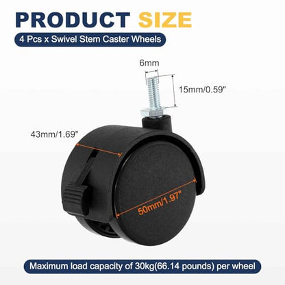 4Pcs 2" Swivel Stem Caster Wheels, M6x15mm Threaded Nylon, Black - size: M6x15mm