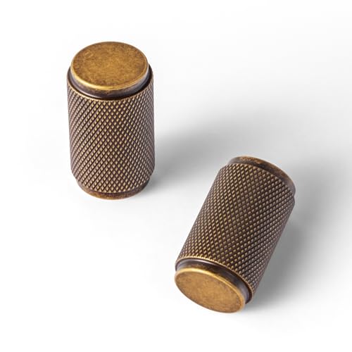 Goo-Ki 6 Pack Antique Brass Knurled Cabinet Knobs – Textured Cylinder Drawer Pulls for Vintage Kitchen Furniture, Dresser - color: Antique Brass