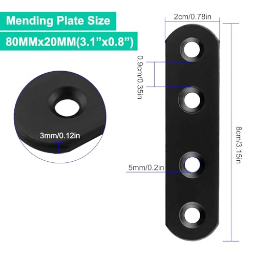 AKOLAFE 60Pcs Black Mending Plates 3.15 Inch Straight Metal Braces for Wood Cast Iron Heavy Duty Flat Bracket for Repairing Fixing Furniture Dresser Bed Table Shelf Fastener Hardware (80x20x3 mm)