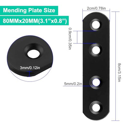 AKOLAFE 60Pcs Black Mending Plates 3.15 Inch Straight Metal Braces for Wood Cast Iron Heavy Duty Flat Bracket for Repairing Fixing Furniture Dresser Bed Table Shelf Fastener Hardware (80x20x3 mm)
