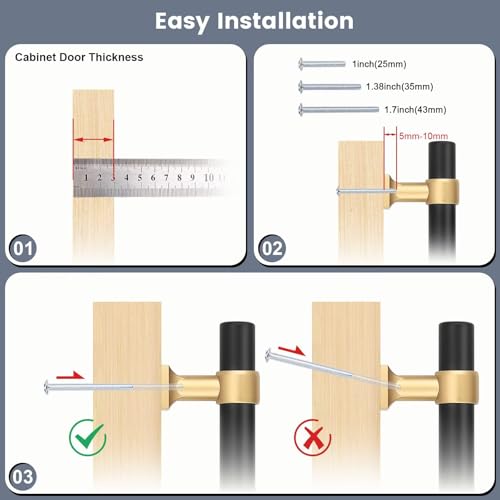 Black & Champagne Cabinet Pulls 2.5 Inch Hole Centers T Bar 10 Pack - color: Black with Champagne Gold Base, size: Hole Centers: 2.5inch