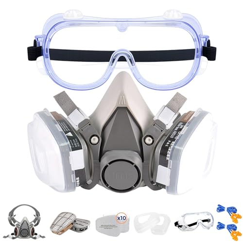 18-Piece Heavy-Duty Half Face Respirator Mask Combo Kit With Anti-Fog Safety Glasses & Noise-Reducing Earplugs For Painting Woodworking Construction - Paint & Organic Vapor Cartridge