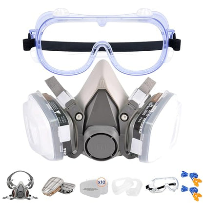18-Piece Heavy-Duty Half Face Respirator Mask Combo Kit With Anti-Fog Safety Glasses & Noise-Reducing Earplugs For Painting Woodworking Construction - Paint & Organic Vapor Cartridge