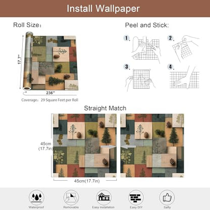 Modern Rustic Pine Tree Wallpaper, Wood Peel and Stick Wallpaper - size: 17.7" x 236"