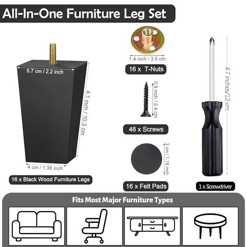 TURSTIN 16 PCS 4 Inch Wood Furniture Legs, Couch Legs Replacement, Black - color: Black, size: 4 Inch