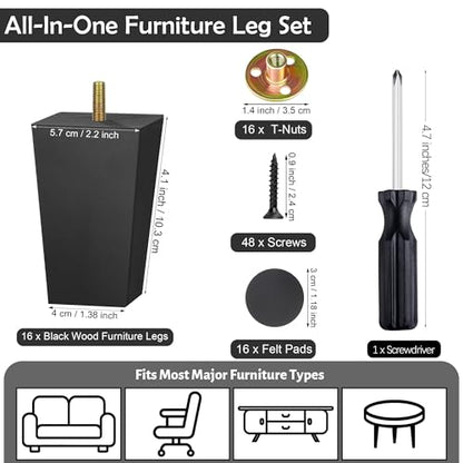 TURSTIN 16 PCS 4 Inch Wood Furniture Legs, Couch Legs Replacement, Black - color: Black, size: 4 Inch