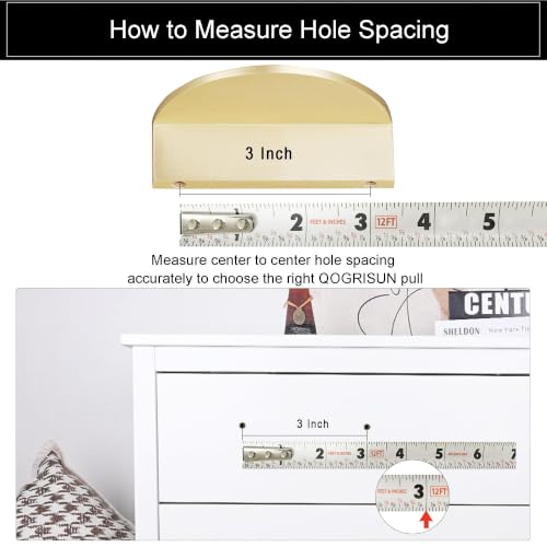 QOGRISUN 5-Pack Solid Brass Gold Drawer Pulls, Half Moon Cabinet Handles - size: 3 Inch Hole Centers