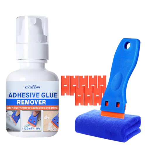 Adhesive Sticker Remover Spray with Goo & Glue – Rapidly Remove Decals, Window Tint, Glue Residue from Cars, Windshields, Glass, Walls & Boats, Includes Scraper & 10 Plastic Razors (4.1 oz)