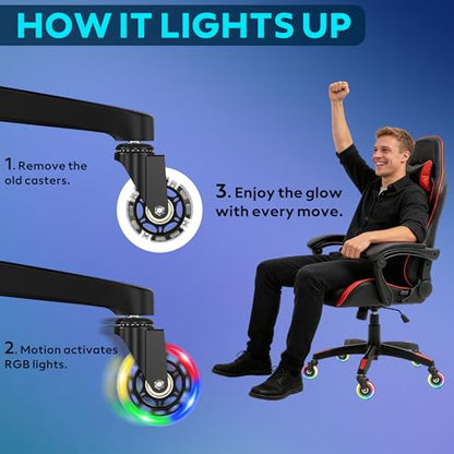 WEWILL RGB Chair Caster Wheels, Self-Lit No Batteries, 3" PU Rubber (5-Pack), Heavy Duty 325kg/715lb, Universal 11x22mm Stem, Quiet for Carpet/Hardwood (Not IKEA) - color: Colorful