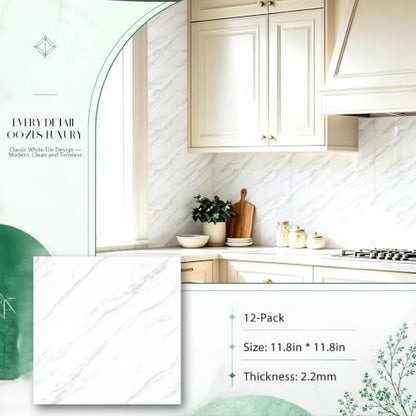 Peel and Stick White Wall Tiles for Backsplash 11.8" x 11.8", 12-Pack - color: White, size: 11.8" x 11.8" x 2.2mm