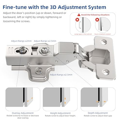 Chibery 50 Pack Half Overlay Cabinet Hinges, Soft Close, Frameless, 105° - size: Half Overlay
