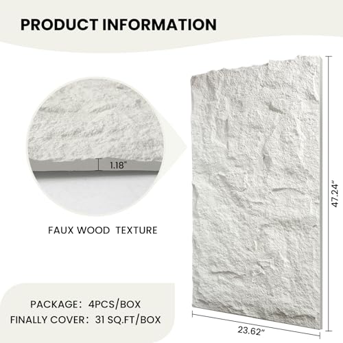 3D Faux Stone Wall Panels, 4-Pack Thicker PU, White Finish - color: White