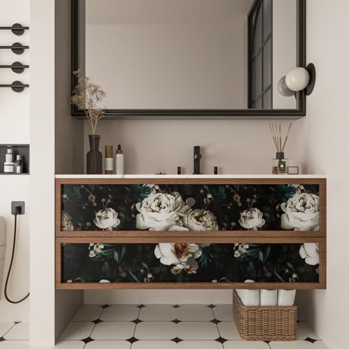 Laatse Dark Black Floral Wallpaper Peel and Stick 17.5" × 118" - color: Black/White, size: 17.5" x 118"