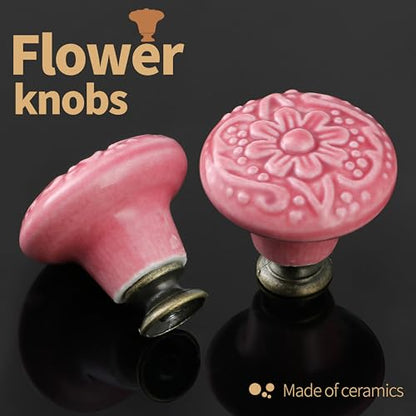 Ceramic Knobs, Embossed Floral Design - Rose Red, 20pcs - color: Rose Red
