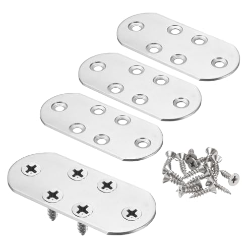 HARFINGTON 4pcs Straight Bracket 3.3" x 1.5" Stainless Steel Flat Fixing Brackets Mending Plate Corner Brace Connector with 24 Screws for Wood Board Bed Frame Furniture Shelves, Silver - size: 3.3" x 1.5"
