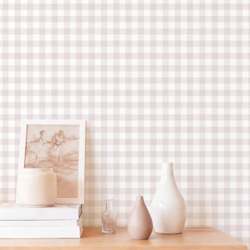 Peel and Stick Wallpaper for Bedroom Pink and White Plaid 1.44' x 32' - color: Pink and White, size: 17.3" x 386"