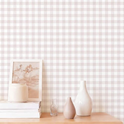 Peel and Stick Wallpaper for Bedroom Pink and White Plaid 1.44' x 32' - color: Pink and White, size: 17.3" x 386"